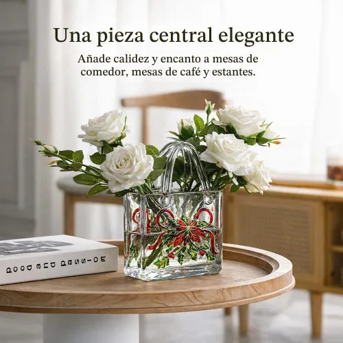 Vista 6 de Jarrón con textura floral pintado a mano, jarrón de cristal en forma de bolso de 9.1 pulgadas con patrones 3D, centro de mesa botánico engrosado
