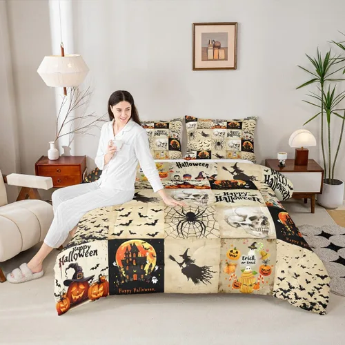Vista 19 de Lindo juego de edredón de murciélago tamaño Queen con diseño de animales de Feliz Halloween, 3 piezas para decoración de habitación de niños