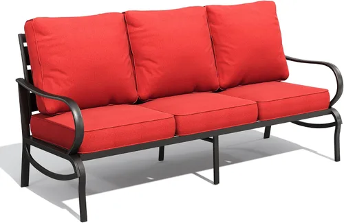 Vista 8 de PHI VILLA Sofá de metal para patio con cojín impermeable extra grueso de 5.75 pulgadas, asiento profundo de 3 plazas y respaldo alto, sofá