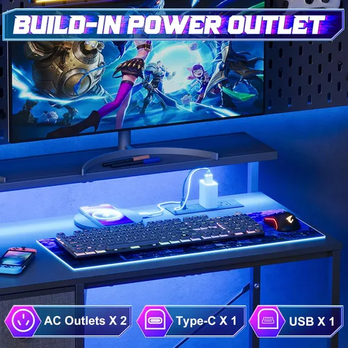 Vista 6 de X-cosrack Escritorio pequeño para juegos de 33.5 pulgadas con luces LED y soporte largo para monitor, escritorio compacto para computadora con tomas