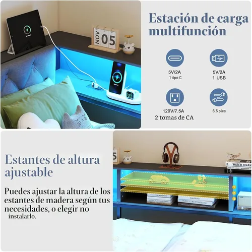 Vista 7 de Marco de cama de esquina tamaño twin con estante de almacenamiento y cabecero, cama de plataforma de esquina con luces LED y estación de carga, cama