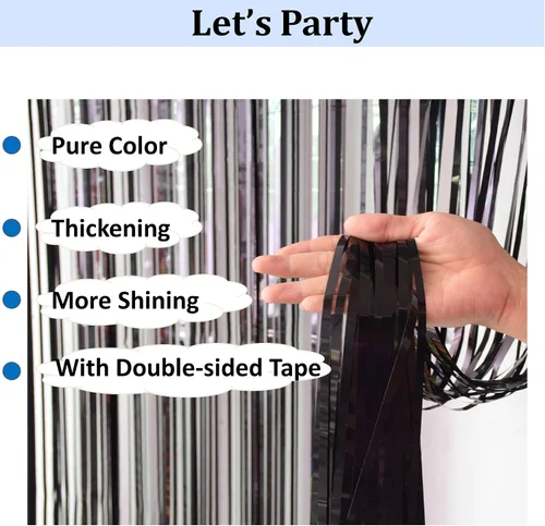 Vista 6 de Paquete de 2 telón de fondo negro con flecos para decoraciones de fiesta de cumpleaños