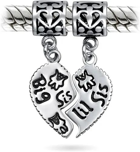 Vista 4 de Pulsera europea personalizada BFF SIS Little SIS de 2 piezas con dije de cuentas de corazón dividido para adolescentes, de plata de ley, Metal