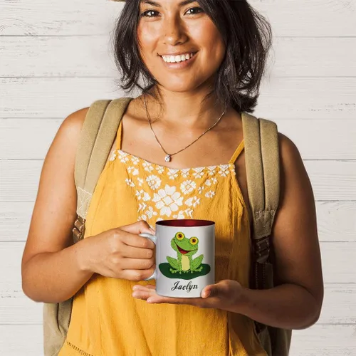 Vista 5 de Texto personalizado personalizado Happy Frog Taza de café de color interior de cerámica Negro
