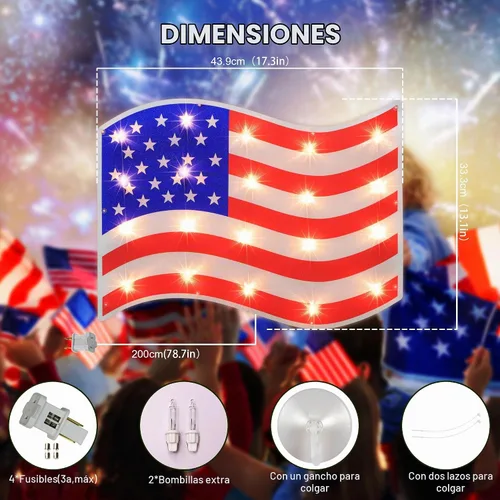Vista 5 de LAMPHOME Decoración de silueta de ventana de bandera estadounidense iluminada de 17.3 pulgadas, luces patrióticas de ventana enchufables, luces