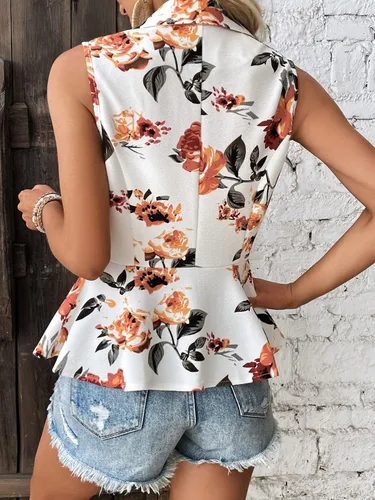 Vista 2 de Floerns Blazer sin mangas con estampado floral y cuello de chal y dobladillo con volantes para mujer