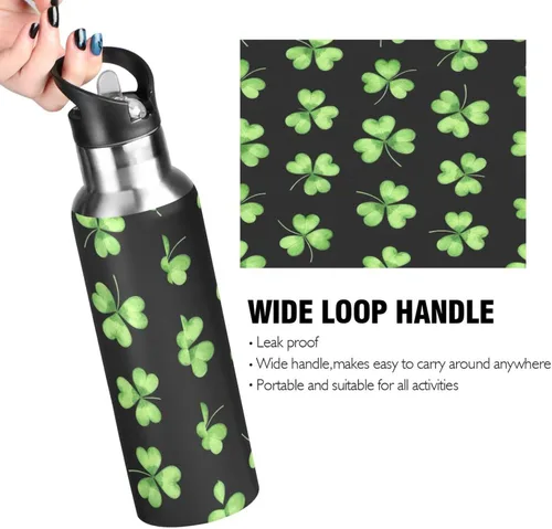 Vista 4 de Green Shamrocks Clovers - Botella de agua de acero inoxidable aislada con popote, 32 onzas, sin BPA, botella de agua deportiva a prueba de fugas