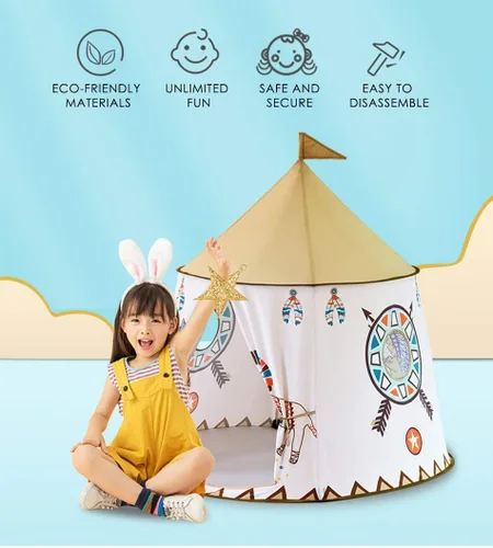 Vista 3 de Tienda de campaña plegable para niños, casa de juegos india de dibujos animados para niños con bolsa de transporte, material respetuoso con la piel