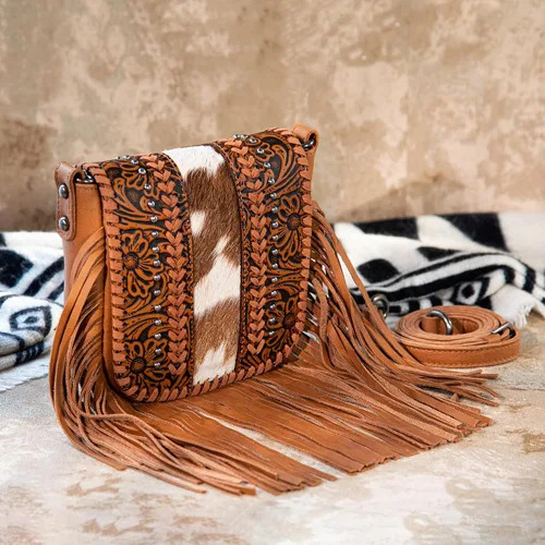 Vista 3 de Montana West Bolso cruzado para mujer de cuero genuino con flecos occidentales