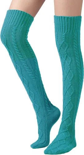 Vista 32 de SherryDC Calcetines de punto trenzado hasta el muslo para mujer, medias de bota extra largas de invierno, calentadores de piernas 1 - Blanco