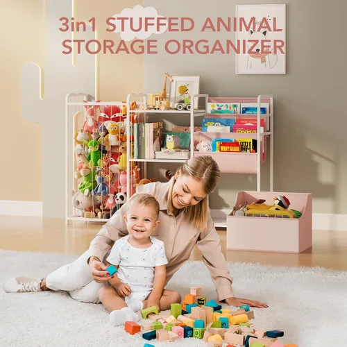 Vista 7 de BBLIKE Organizador de almacenamiento de animales de peluche 3 en 1, almacenamiento de juguetes con estantería para niños y soporte grande