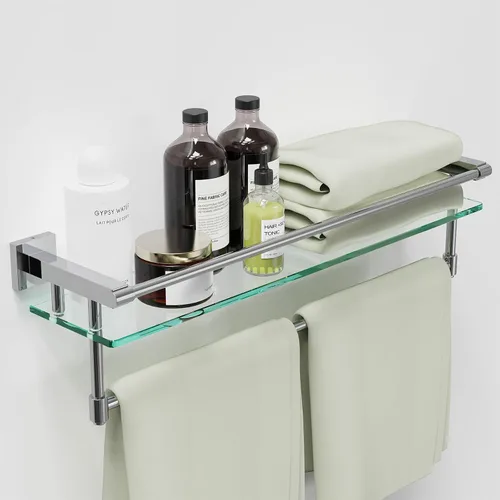 Vista 13 de Estante de vidrio para baño de 20 pulgadas, estantes de baño con barra para toallas, estantes de vidrio templado con soporte para toallas de acero