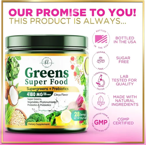 Vista 4 de Hello Lovely! Greens Superfood Powder - 7 grupos de alimentos Powerhouse - Mezcla de jugo premium con espirulina y clorella - Mezcla diaria