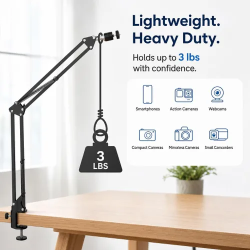 Vista 4 de Montura de trípode sobre la cabeza para cámara, webcam y anillo de luz, brazo flexible sobre la cabeza para iPhone con soporte para teléfono