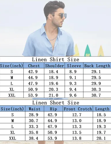 Vista 6 de COOFANDY Men 2 Piece Linen Set Casual Short Sleeve Shirt and Short Beach Set