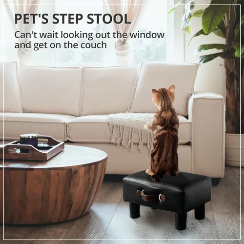 Vista 4 de Taburete de pie pequeño con asa, reposapiés corto de piel sintética negra, taburetes rectangulares de almacenamiento otomano con patas de plástico
