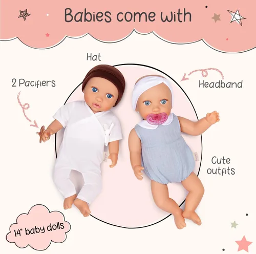 Vista 4 de LullaBaby Muñecas gemelas realistas de 14 pulgadas - Tonos de piel claros y ojos azules - Cuerpos suaves y trajes extraíbles - Sombrero, diadema
