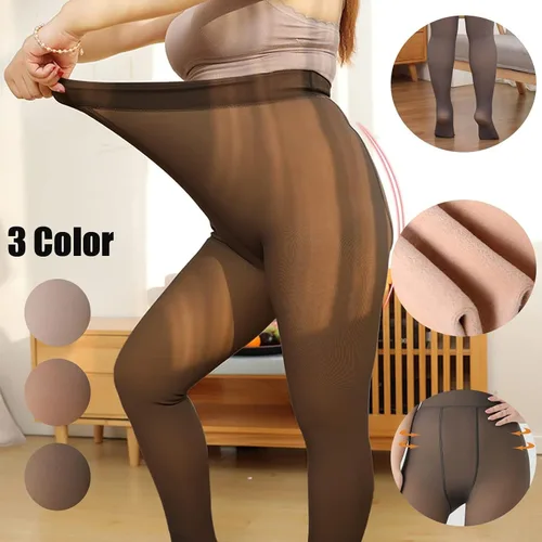 Vista 5 de Medias cálidas de talla grande para mujer, con forro polar cálido, color piel, pantimedias térmicas coquetas, leggings transparentes