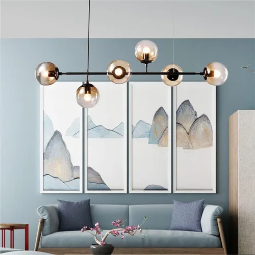 Vista 4 de BOKT Moderna lámpara colgante de bola de cristal de 6 luces para isla de cocina, lámpara colgante lineal para sala de estar, comedor