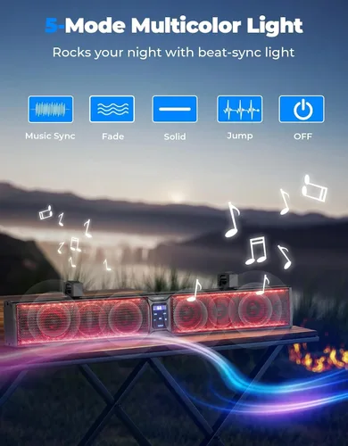 Vista 5 de KEMIMOTO Barra de sonido con 8 altavoces de 32 pulgadas, barra de sonido de metal resistente para ATV UTV, luz RGB impermeable Bluetooth, barra