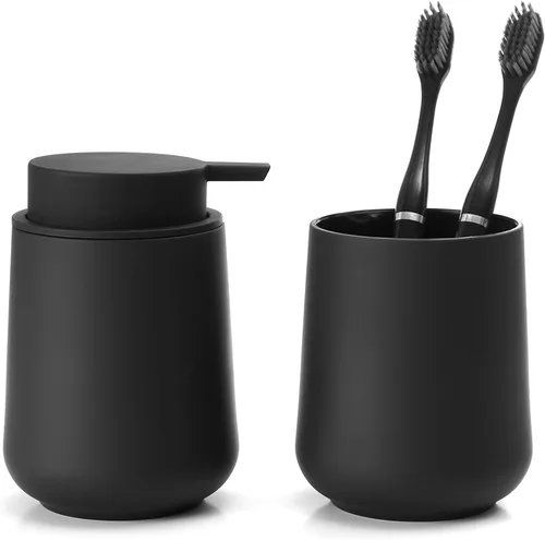 Vista 11 de YAUKPH Dispensador de jabón de baño y soporte para cepillos de dientes a rayas negro