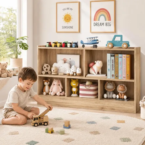 Vista 11 de HONEY JOY Organizador de almacenamiento de juguetes para niños, estante de almacenamiento de 5 secciones para preescolar, organizador de estante