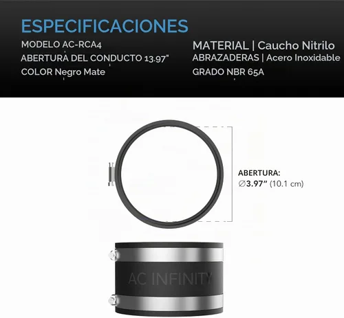 Vista 5 de Abrazadera de reducción de ruido AC Infinity de 4 pulgadas, acoplador de conducto. Stainless Steel Clamps, Flexible Rubber Coupling for Inline