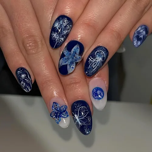 Vista 22 de Uñas postizas largas a presión, color negro, diseño francés y floral, 24