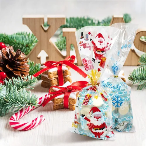 Vista 6 de ZMCINER 120 bolsas de dulces de celofán de Navidad, bolsas de regalo de Navidad con lazos giratorios para suministros de fiesta de Navidad