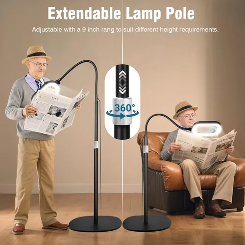 Vista 4 de Lupa grande con luz y soporte, lente de vidrio real óptico rectangular de 10X, lámpara de pie de lupa de cuello de cisne ajustable en altura, 5