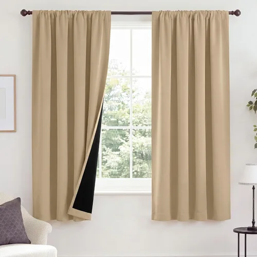 Vista 63 de NICETOWN Biscotti Beige 100% Cortinas opacas de 45" de largo para cocina, bolsillo con varilla para sótano completamente opaco, cortinas térmicas