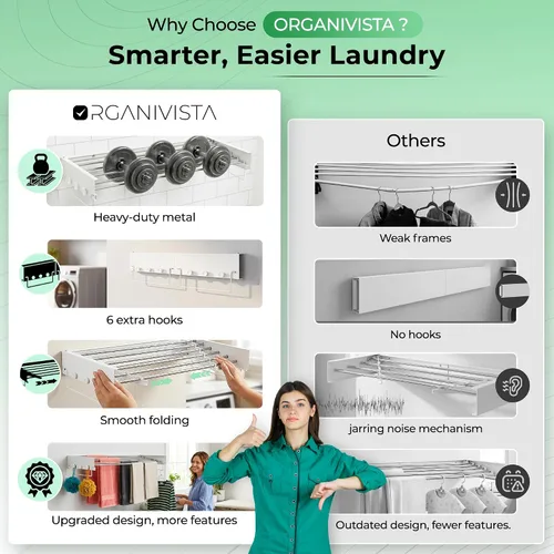 Vista 4 de Tendedero plegable para montaje en la pared para ropa de lavandería 28" Construcción de metal resistente que soporta la lavandería diaria con un