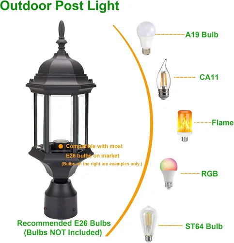 Vista 4 de LIT-PaTH Farol de poste de iluminación para exteriores, base mediana E26 máx. 60 W, carcasa de aluminio más vidrio, paquete de 2, acabado negro