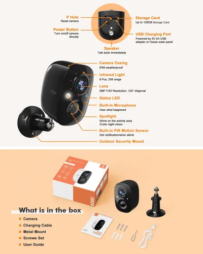 Vista 7 de Dzees Cámara de seguridad inalámbrica para exteriores - Actualización 2K 3MP batería WiFi cámara exterior inalámbrica, foco, sirena, detección