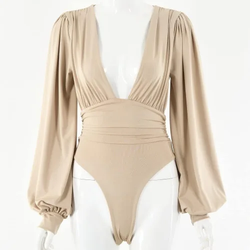 Vista 5 de Weigou - Body o enterizo de manga larga con cuello en V, plisado, holgado, para mujer, camisas de leotardo