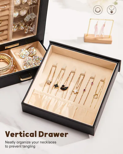 Vista 5 de Homde Organizador de joyas para niñas y mujeres, joyero para collares, anillos, aretes, regalo y pulseras (negro + dorado)