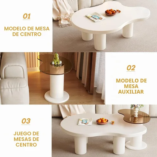 Vista 5 de Guyii - Juego de 2 mesas de centro modernas en forma de nube blanca crema, 2 mesas auxiliares, juego de mesas de sala de estar con mesa auxiliar