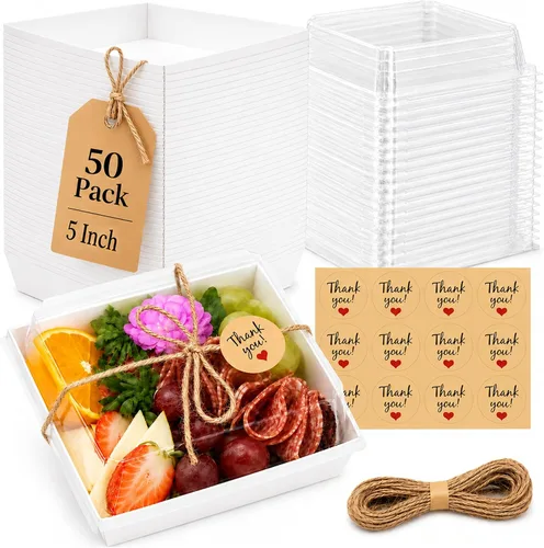 Vista 9 de Leafiew Paquete de 50 Cajas Pequeñas de Charcutería con Tapas Transparentes - Caja Mini de Charcutería de Papel Para Llevar, Envases Desechables