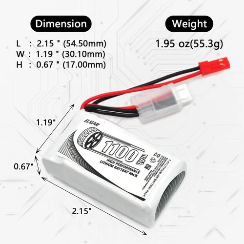 Vista 2 de Paquete de 2 baterías Li-Po 2S de alta descarga 35C 7.4V 1100mAh con enchufe JST para vehículos WLtoys A949 A959 A969 A979 K929 y 1/10 1/16 1/18 RC