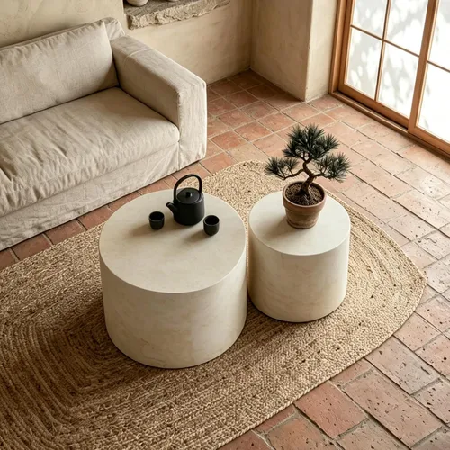 Vista 4 de Mesa auxiliar redonda pequeña, moderna mesa auxiliar anidable de madera para sala de estar, sin montaje, color beige S1-beige