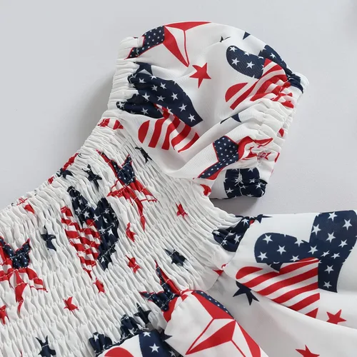 Vista 6 de KtwHarnu Traje de bebé niña del 4 de julio, traje de manga corta con diseño de bandera estadounidense, vestido fruncido, falda, ropa patriótica