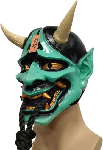 Vista 8 de HTLNUZD Máscara completa de látex de Halloween, máscara de cosplay japonesa para PrajnaHeadgear Samurai Evil KabukiHannya Party Mask Decora Negro