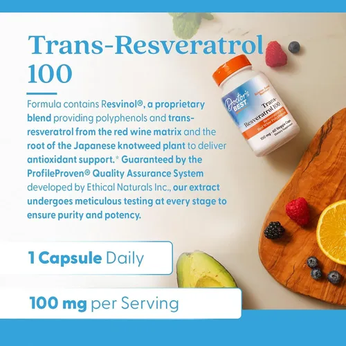 Vista 5 de Doctor's Best Trans Resveratrol - Suplemento de 100 mg para hombres y mujeres, polifenoles de vino tinto para la salud y el apoyo antioxidante