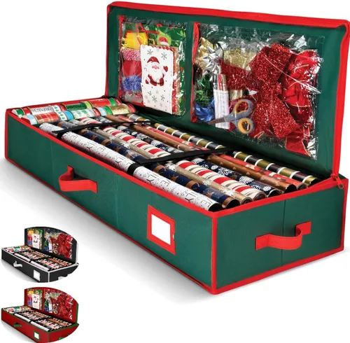 Vista 11 de Organizador de papel de regalo de alta calidad, soporte para papel de regalo con bolsillos adicionales para decoraciones navideñas, asas reforzadas