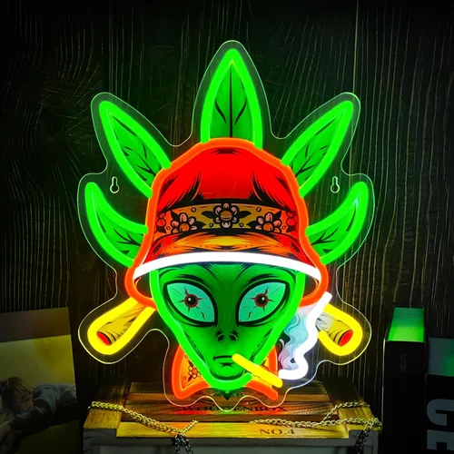 Vista 8 de Letreros de neón de alienígena verde con luces LED, luces de neón LED de alienígena fumador con corona, luces de neón LED de alienígena con corona