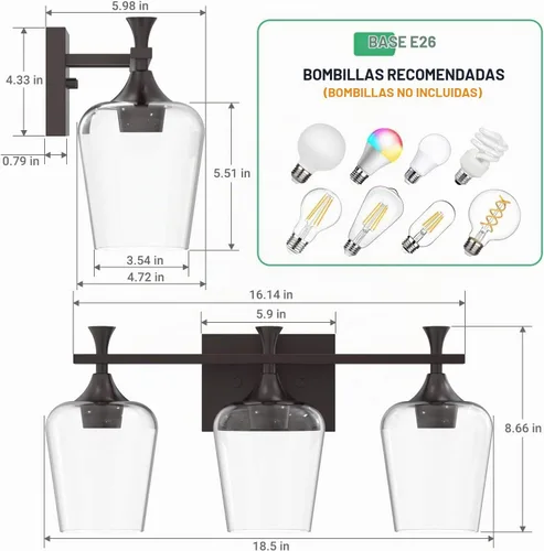 Vista 4 de Lámpara de tocador de baño de 3 luces, accesorios de iluminación de baño negros sobre el espejo, apliques de pared modernos con pantalla de vidrio
