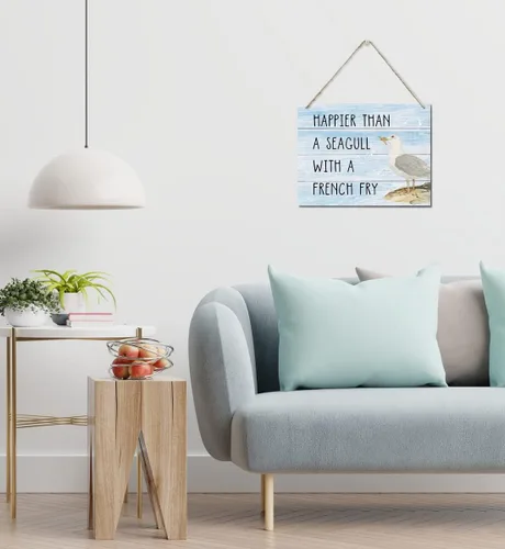 Vista 4 de Letrero Decorativo "Happier Than a Seagull with a French Fry", Placa de Pared Colgante Impresa, Letreros de Madera, Regalo de Decoración del Hogar