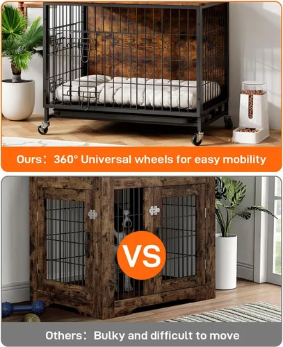 Vista 4 de Furniture Style - Jaula para perros con bandeja extraíble y ruedas, mesa auxiliar de jaula de doble puerta resistente, 38.6 pulgadas, casa de Marrón