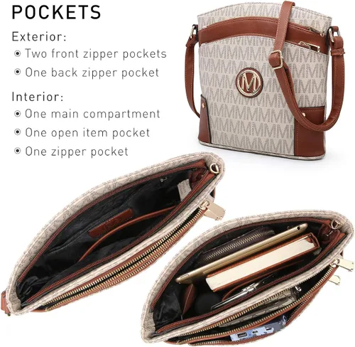 Vista 5 de MARCO M KELLY Bolsos cruzados para mujer, múltiples bolsillos, grandes, monograma, con cremallera, bolso de hombro de piel sintética para mujer