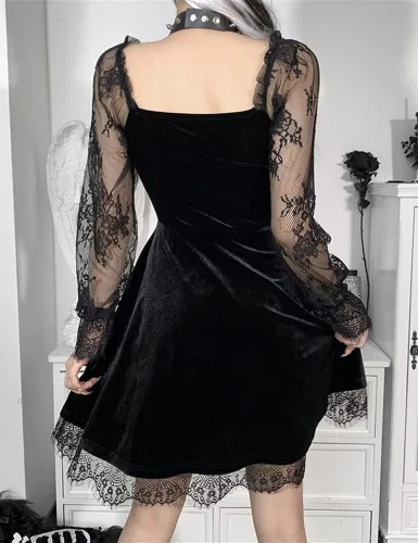 Vista 4 de LANSHULAN Vestido de manga larga de encaje negro drapeado bodycon gótico vintage vestidos ropa